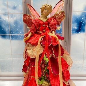 VTG 15” Red Petal Fairy Angel Tree Topper Layered Petal Gown, Glitter Wings